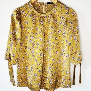 Mustard Yellow Feather Pattern Mock Ditsy Floral Neck Tie Sleeve Blouse Shirt